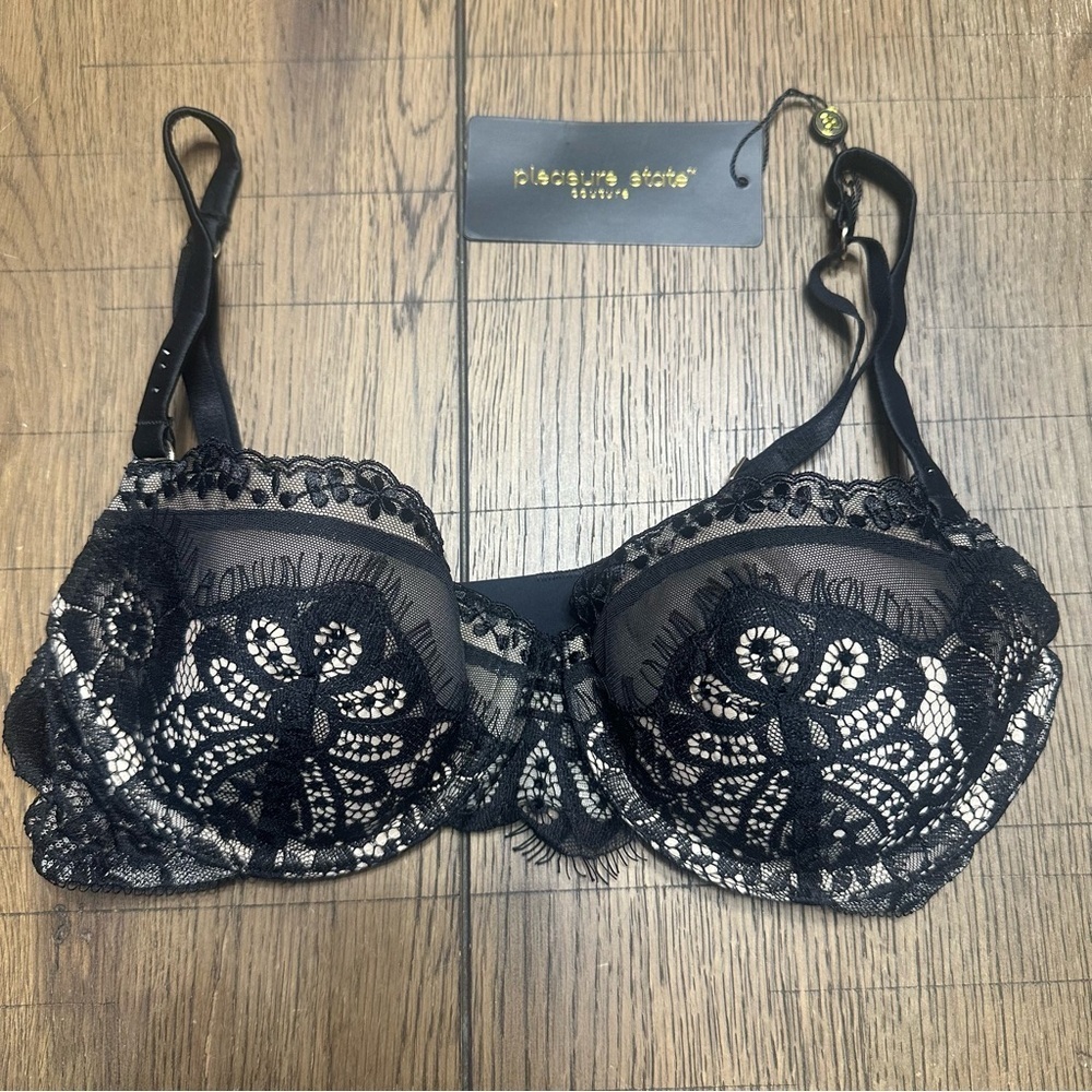 Pleasure State Black and Nude Lace Demi Bra - 34B NWT